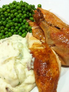 Roast Chicken, Peas, and Basil-Mashed Potatoes (Photo Credit: Adroit Ideals)