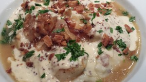 Seared Scallops over Easy Mashed Potatoes with Grainy Mustard Sauce and Bacon (Photo Credit: Adroit Ideals0