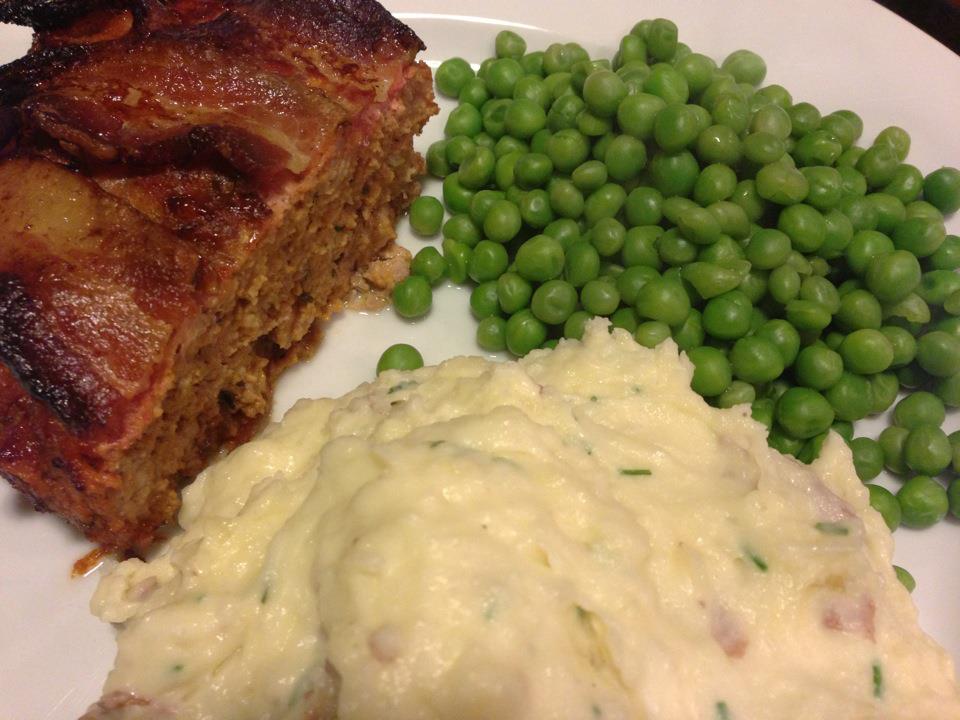 Bacon-topped Meatloaf, Basil-Mashed Potatoes, Peas (Photo Credit: Adroit Ideals)