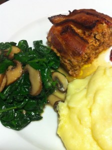 Bacon-topped Meatloaf, Truffle-Mashed Yukon Golds, Garlicky Spinach & Mushrooms (Photo Credit: Adroit Ideals)
