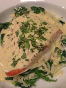 Baked Salmon with Mustard Sauce over Garlicky Spinach and Buttered Orzo