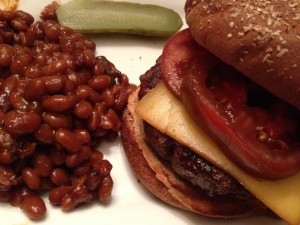 Honey Mustard Baked Beans with a Smoked Gouda-topped Buffalo Burger (Photo Credit: Adroit Ideals)