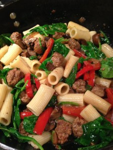 Rigatoni with Italian Sausage, Spinach, Mushrooms, and Red Bell Pepper (Photo Credit: Adroit Ideals)