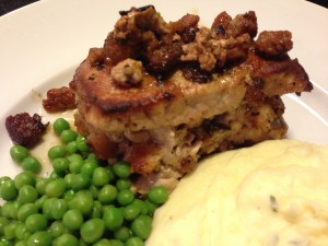 Baked Stuffed Pork Chops with Peas and Chive Mashed Potatoes (Photo Credit: Adroit Ideals)