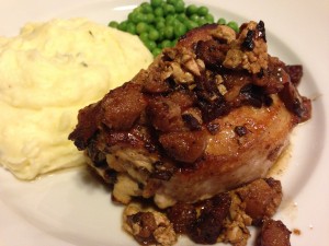 Baked Stuffed Pork Chops with Sage served with Chive Mashed Potatoes and Peas (Photo Credit: Adroit Ideals)