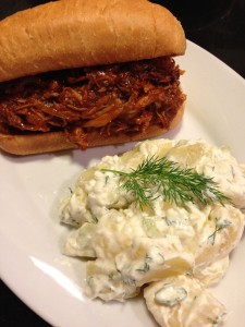 Homemade pulled chicken BBQ sandwich and Dill Potato Salad with Greek Yogurt Dressing (Photo Credit: Adroit Ideals)