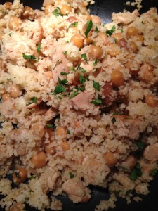 Warm grilled chicken couscous salad with apricots, chickpeas, toasted almonds, and cilantro (Photo Credit: Adroit Ideals)