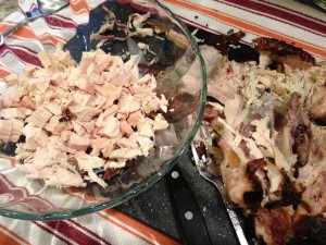Pull the smoked chicken from the bones and dice into 1/2 inch pieces (Photo Credit: Adroit Ideals)