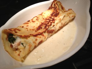 Filled Crepe in its pan waiting for the other crepe (Photo Credit: Adroit Ideals)