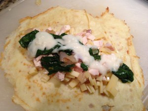 Sauteed shallots and spinach added to chicken filling and draped with a spoonful of white sauce (Photo Credit: Adroit Ideals)