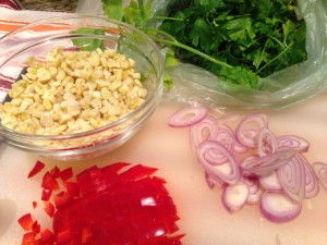 Confetti Vegetables:  Yellow corn, diced red bell pepper, sliced shallot, and seasoned with chopped parsley  (Photo Credit: Adroit Ideals)