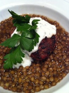 Grilled Lamb Burger over Lentils with Minty Yogurt Sauce (Photo Credit: Adroit Ideals)
