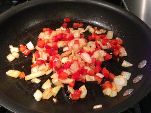 Saute red bell pepper and onion with some garlic (Photo Credit: Adroit Ideals)