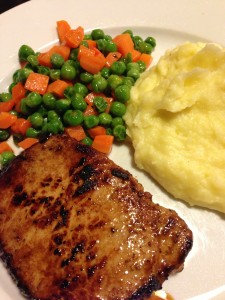 TV Dinner Peas and Carrots served with a Grilled Pork Chop and Yukon Gold Mashed Potatoes (Photo Credit: Adroit Ideals)