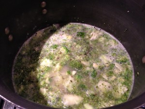 Add the vegetable or chicken broth, dried thyme, and lemon juice to the broccoli mixture (Photo Credit: Adroit Ideals)