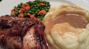Roasted Chicken, Mashed Potatoes, Gravy, and TV Dinner Peas and Carrots (Photo Credit: Adroit Ideals)