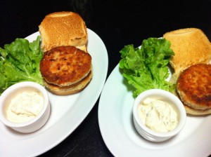 Crab Cake Burgers served with garlic tartar sauce (Photo Credit: Adroit Ideals)