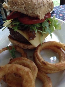 Grilled grass fed beef burger with Swiss, grilled onions, ripe tomato, and arugula.  Served with onion rings.  (Photo Credit: Adroit Ideals)