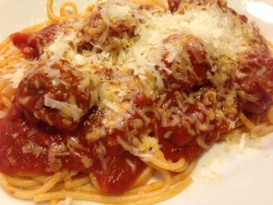 Spaghetti and Meatballs is an easy weeknight meal. Smother with parmesan! (Photo Credit: Adroit Ideals)