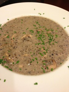 Wild Mushroom Soup.  Garnished with chopped chives and sliced mushrooms and a splash of sherry! (Photo Credit: Adroit Ideals)