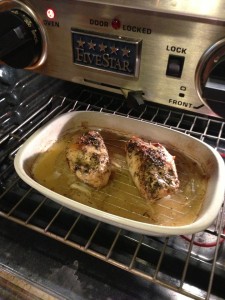 Bone-in Chicken Breasts roasting in the oven (Photo Credit: Adroit Ideals)
