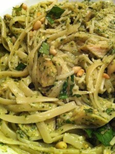 Garlic Chicken over Linguine with Basil Pesto and Pine Nuts (Photo Credit: Adroit Ideals)