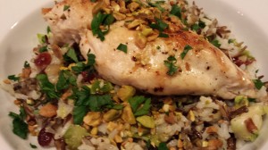 Chicken Breast over Wild Rice Medley - dried cranberries, toasted pistachios, Brussels sprouts, shallots (Photo Credit: Adroit Ideals)