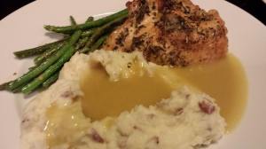 Herbes de Provence Roasted Bone-in Chicken Breasts, Redskin Mashed Potatoes, Chicken Gravy, and Garlicky Green Beans (Photo Credit: Adroit Ideals)