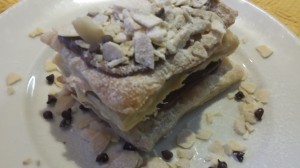Easy Nutella Napoleon - Puff Pastry, Nutella, Toasted Sliced Almonds. Sprinkling of Powdered Sugar and mini-Chocolate Chips.  (Photo Credit: Adroit Ideals)