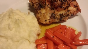 Roasted Bone-In Chicken Breasts with Herbes de Provence served along with Honeyed Carrots and Truffled Mashed Potatoes (Photo Credit: Adroit Ideals)