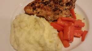 Truffled Mashed Potatoes, Honeyed Carrots, and Roasted Bone-In Chicken Breasts with Herbes de Provence rub (Photo Credit: Adroit Ideals)