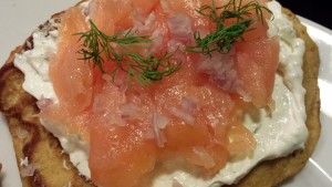 Try a cornmeal pancake as the base to your Open Face Smoked Salmon Sandwich. Garnish with fresh Dill. (Photo Credit: Adroit Ideals)