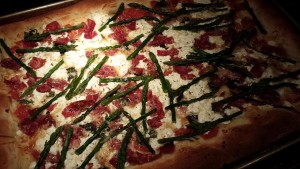 Prosciutto, Asparagus and Ricotta Pizza fresh from the oven (Photo Credit: Adroit Ideals)