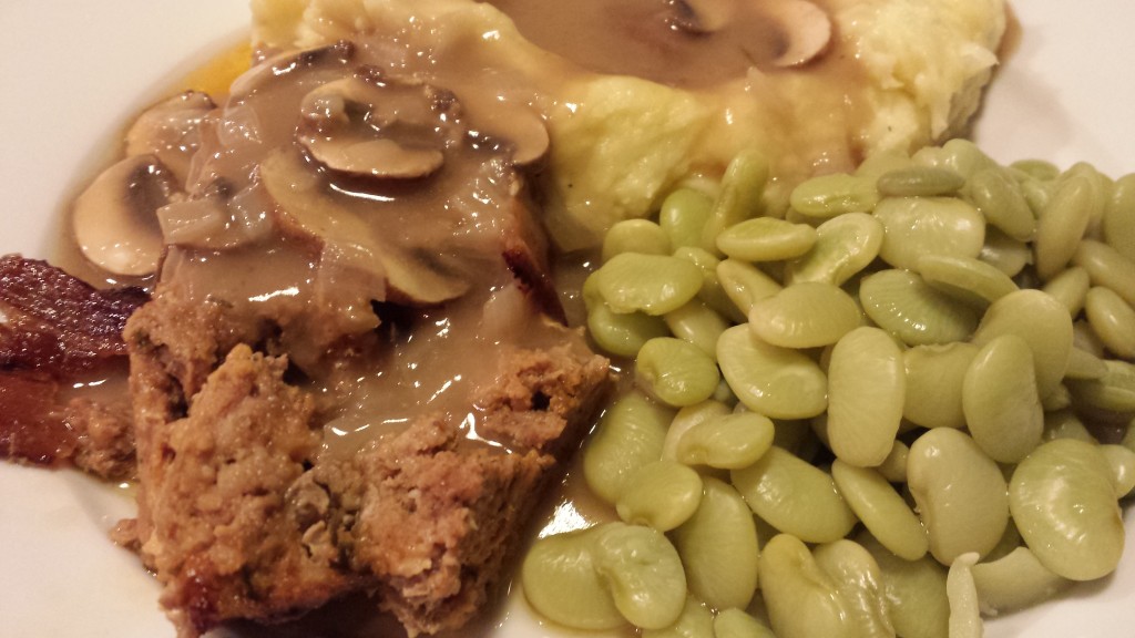 Bacon-Topped Meatloaf, Mashed Potatoes, Mushroom Gravy, Lima Beans (Photo Credit: Adroit Ideals)