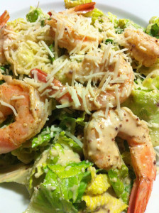 Caesar Salad with Chilled Cooked Shrimp and plenty of Shredded Parmesan (Photo Credit: Adroit Ideals)