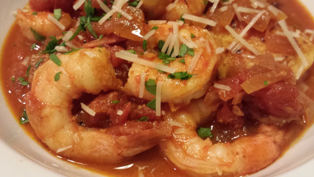 Savory Smoky Shrimp in Spicy Tomato Sauce over Garlicky Polenta (Photo Credit: Adroit Ideals)