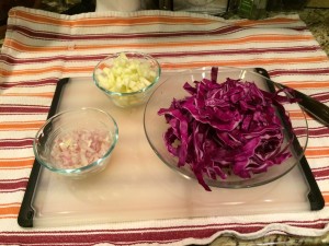 Sliced red cabbage, diced Granny Smith apple, and diced shallot.  (Photo Credit: Adroit Ideals)