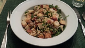 Marinated Chicken, Tomato, Mini Mozzarella Balls, and Orzo in a tasty chilled salad. Topped with Toasted Pine Nuts and Crispy Croutons (Photo Credit: Adroit Ideals)