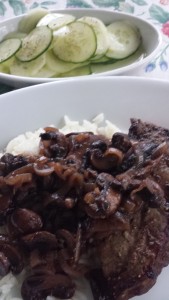 Simple Cucumber Salad accompanies a Grilled Steak with Mushroom Sauce over Basmati Rice (Photo Credit: Adroit Ideals)