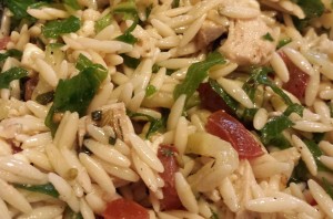 Colorful Marinated Chicken Tomato Orzo Salad before the Croutons, Toasted Pine Nuts and Basil Chiffonade are added (Photo Credit: Adroit Ideals)