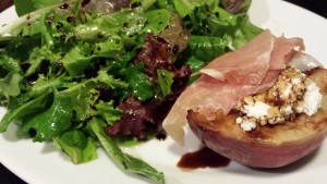 Baby Greens Salad served with Chilled Grilled Peach topped with Prosciutto instead of Crispy Bacon (Photo Credit: Adroit Ideals)