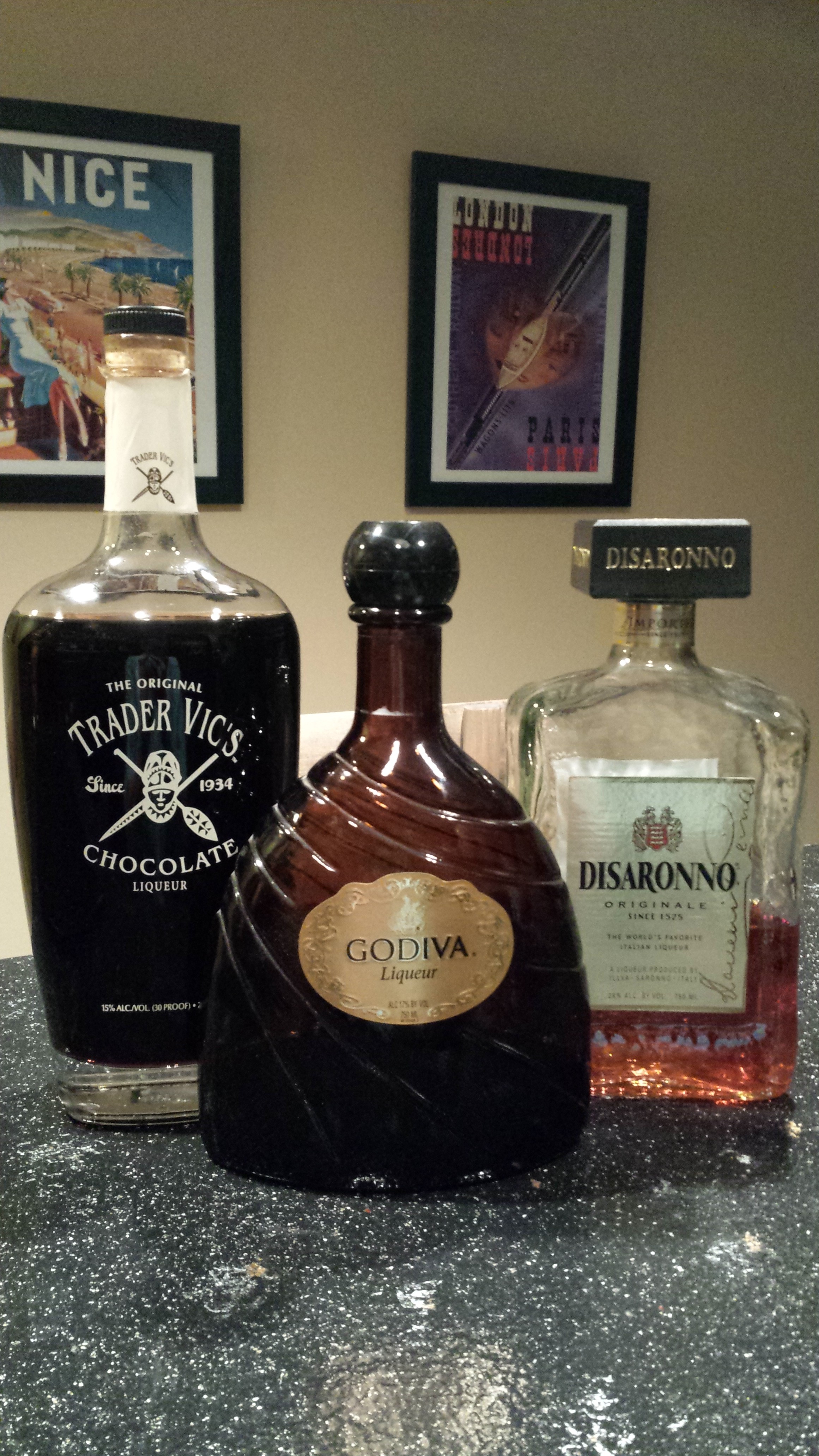 Trader Vic's and Godiva chocolate liqueurs along with Disaronno Amaretto liqueur (Photo Credit: Adroit Ideals)