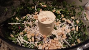 Add parmesan, pine nuts, olive oil, garlic, and pulse until combined (Photo Credit: Adroit Ideals)