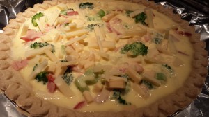 Broccoli, Ham, and Smoked Gouda Quiche ready for the oven!  (Photo Credit: Adroit Ideals)