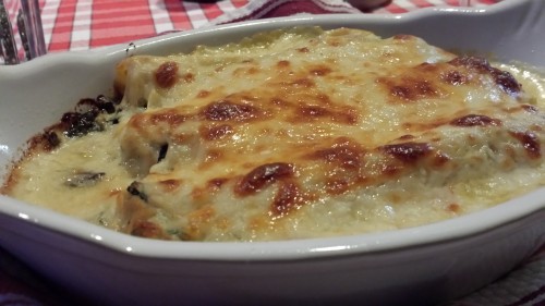 Baked Manicotti Stuffed with Chicken, Mushrooms and Spinach (Photo Credit: Adroit Ideals)