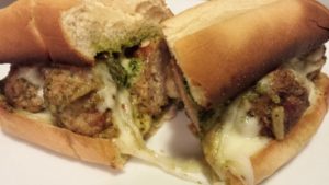 Cheesy Pesto Turkey Meatball Sandwich (Photo Credit: Adroit Ideals)