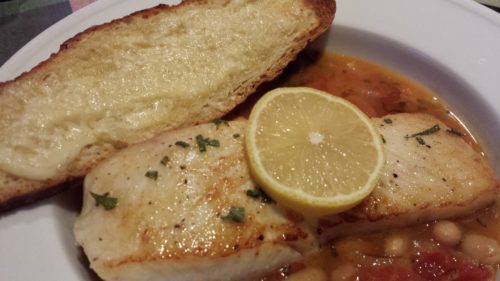 Cheesy Garlic Rosemary Toast served with Hearty Grilled Fish over White Bean Stew (Photo Credit: Adroit Ideals)
