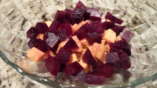 Put the diced sweet potatoes and beets into a bowl  (Photo Credit: Adroit Ideals)