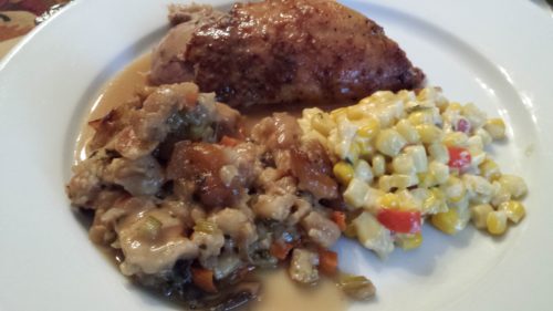 Roasted Duck and Sage Mushroom Stuffing with Traditional Gravy and a side of Rosemary Creamed Corn (Photo Credit: Adroit Ideals) 