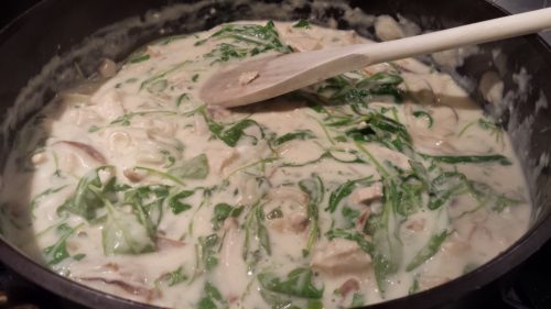 Creamy Sauce of Greek Yogurt, Chicken, Shiitake Mushrooms and Arugula for Penne (Photo Credit: Adroit Ideals)